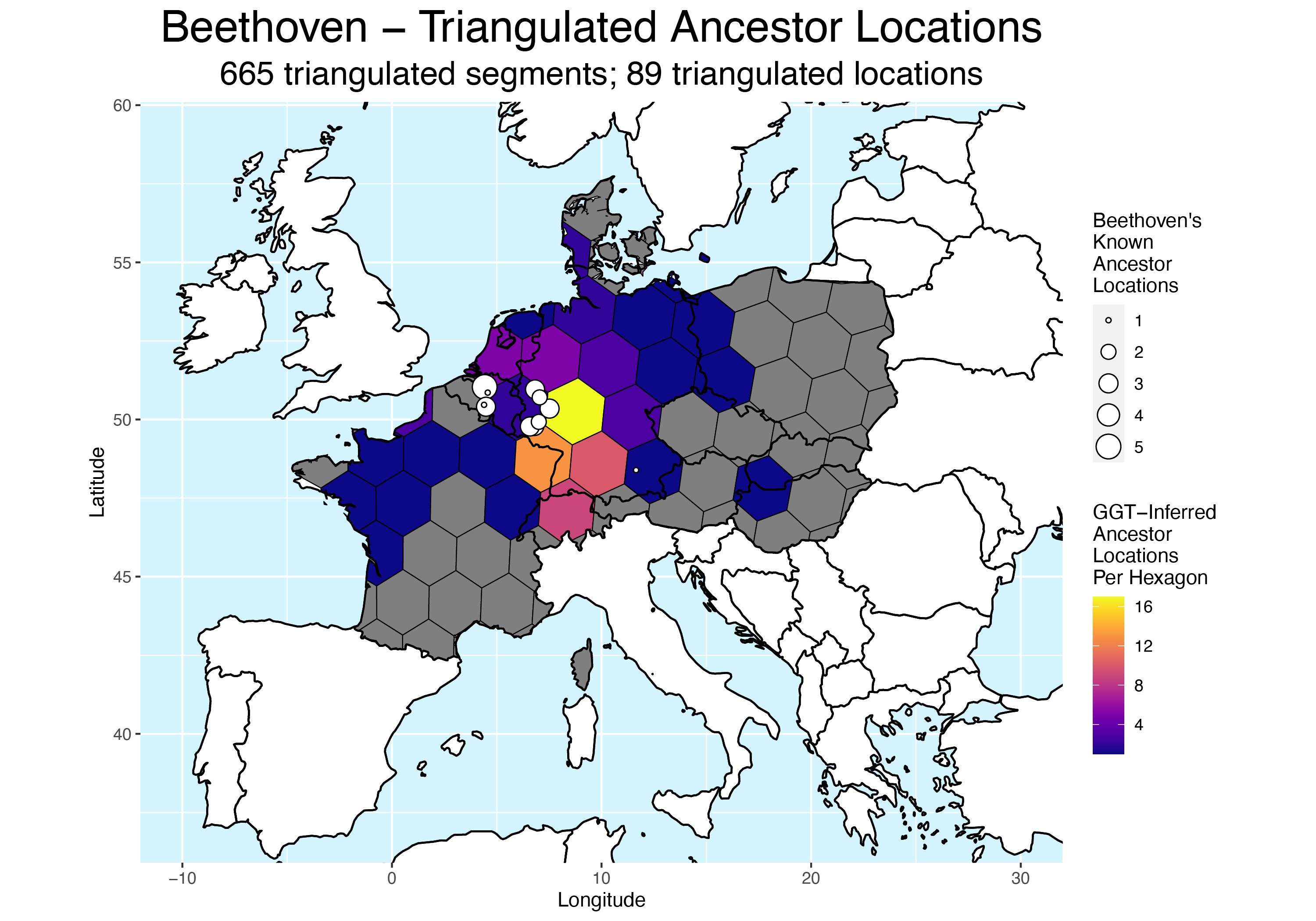 Map of Europe with hexagonal bins showing inferred locations of Beethoven's ancestors