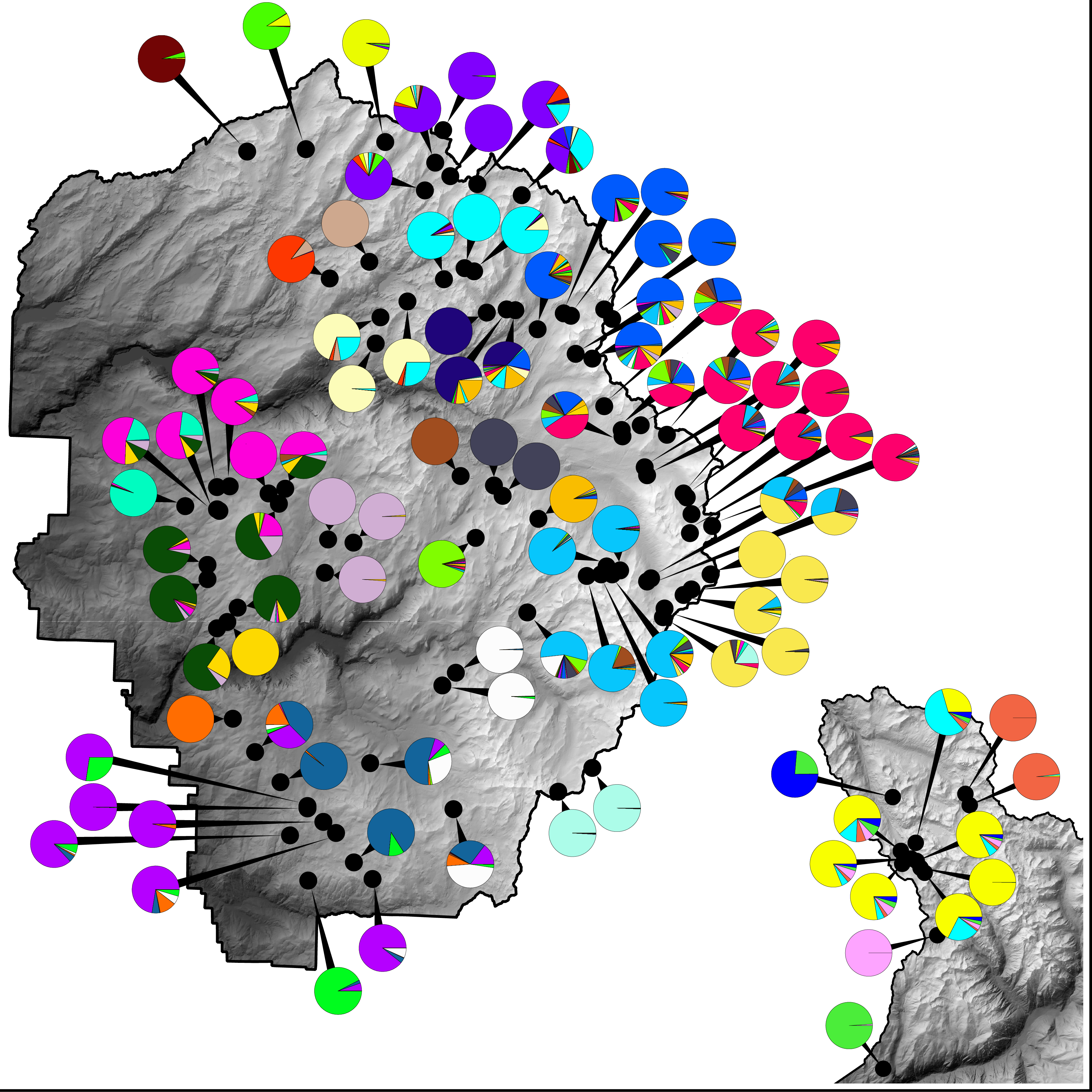 Hierarchical admixture results at K=28 plotted across Yosemite and Kings Canyon meadows